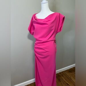 Pink off the shoulder formal dress.